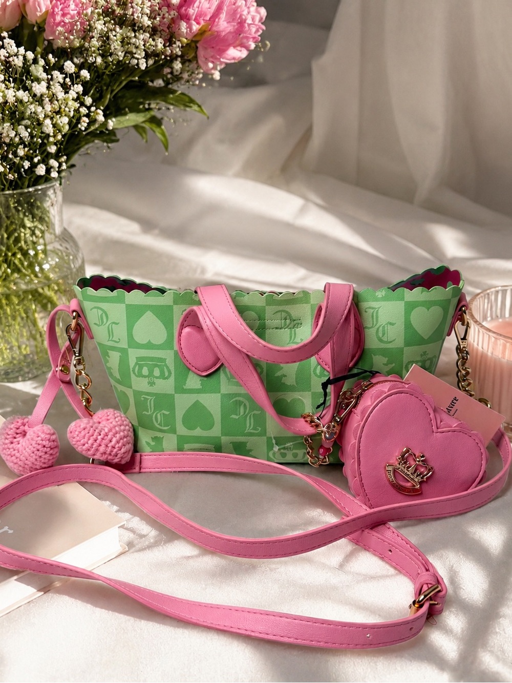 NWT Juicy Couture Pink & Green Checkerboard Heart Bag Set